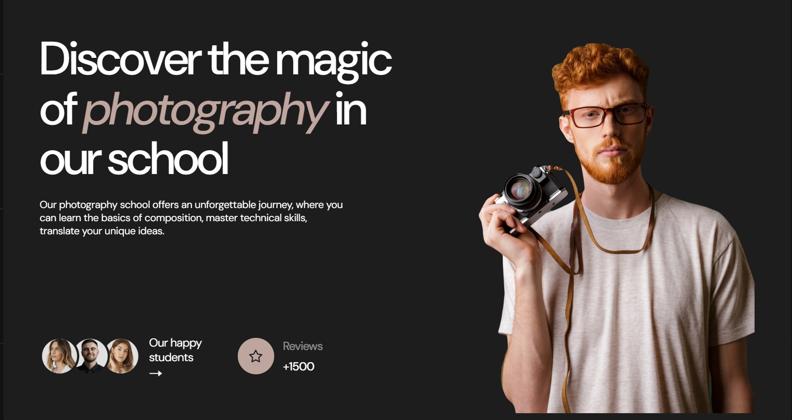Focus Frame — photography school hero with portrait and 'Our happy students' badge