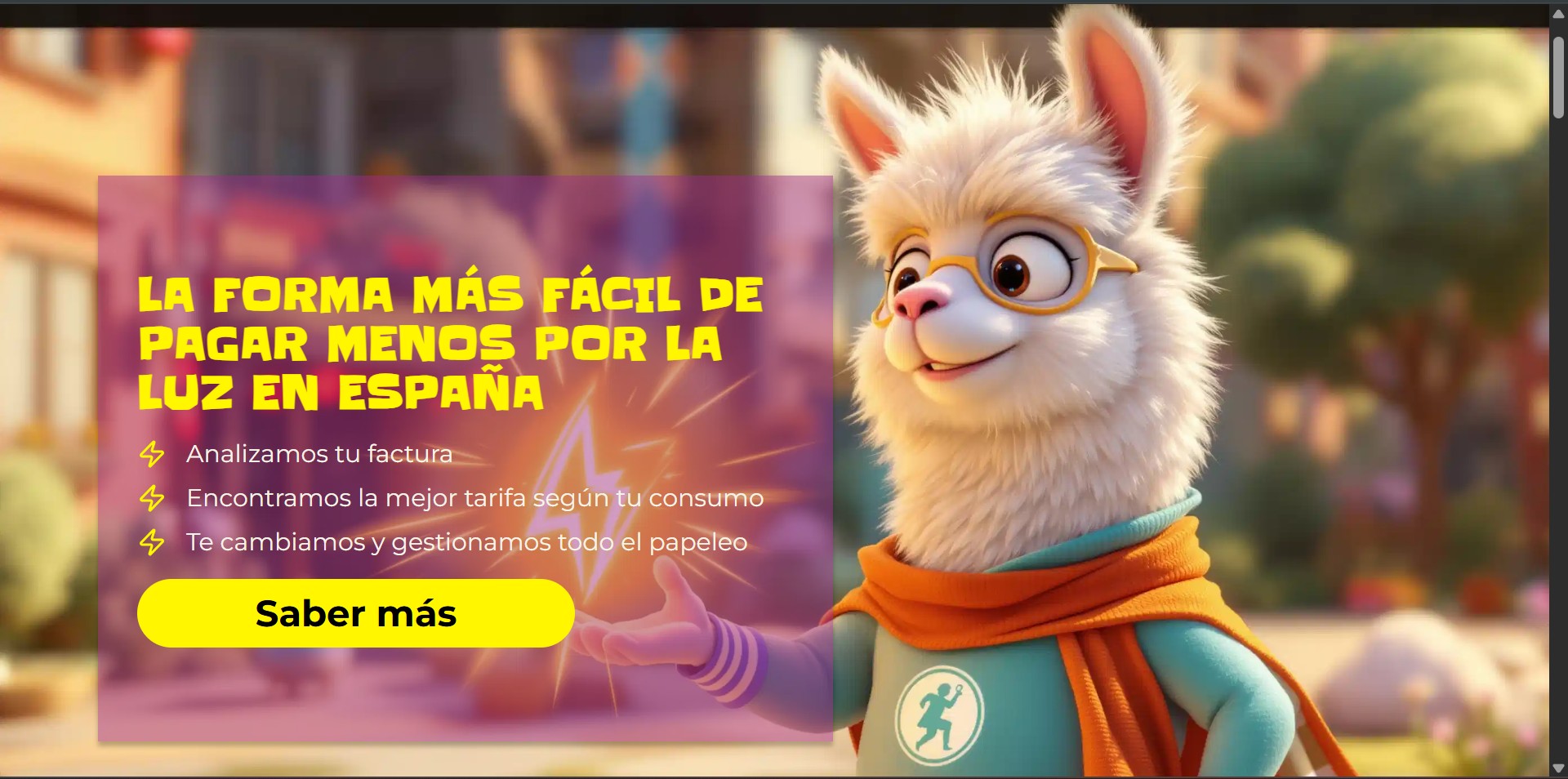 Llama Energy Promocode — hero section with mascot and Spanish CTA