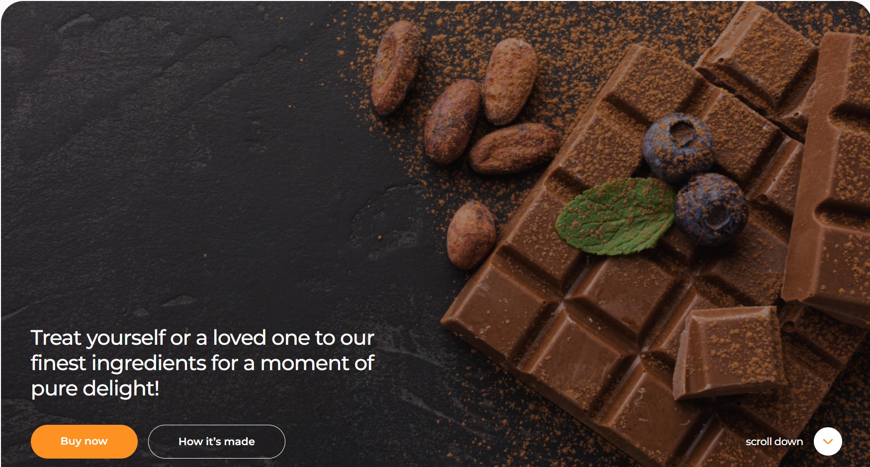 Simply Chocolate — hero with chocolate bar, cocoa beans and 'Buy now' CTA