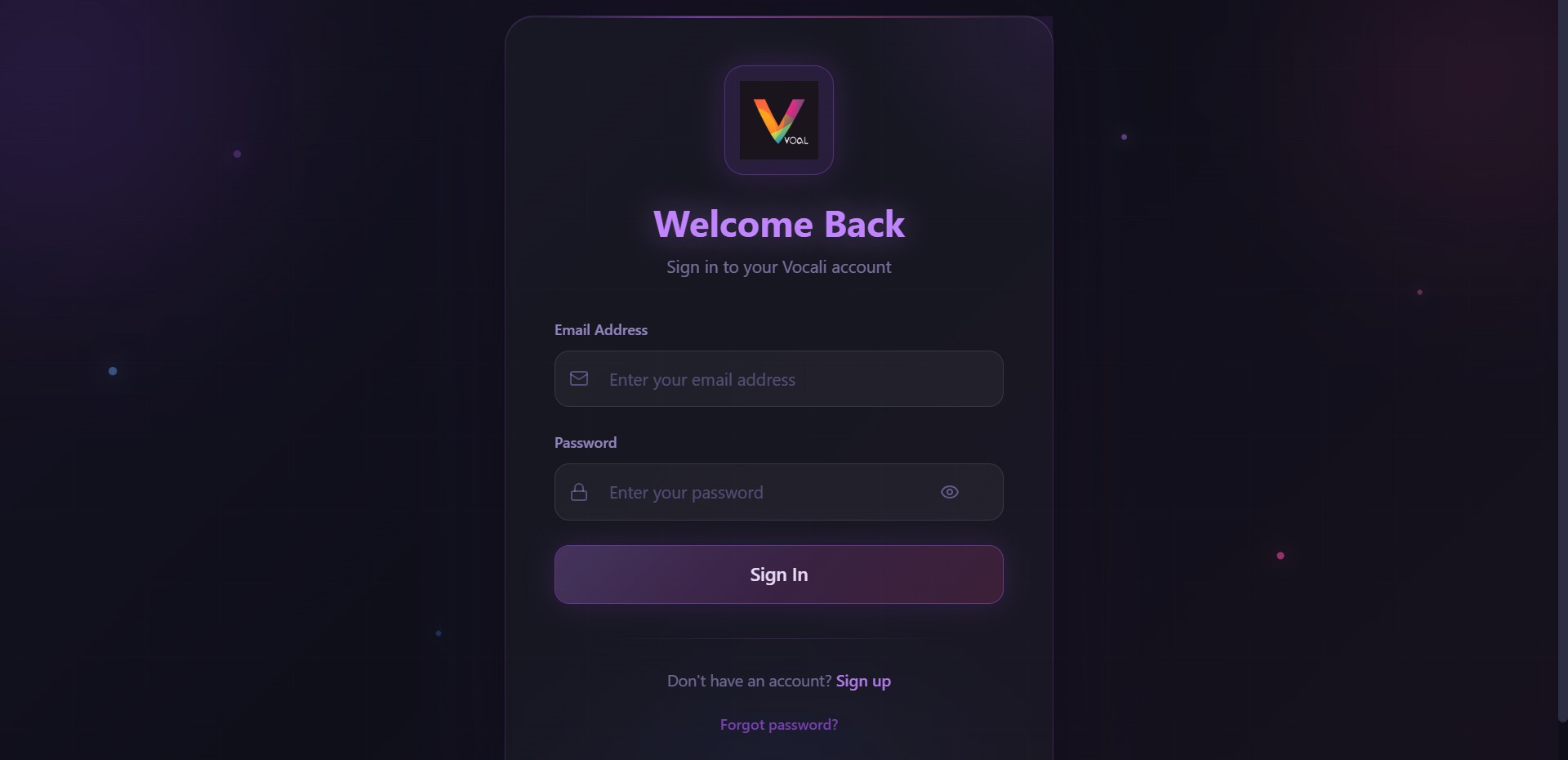 Vocali — voice-interface app sign-in screen with branded logo